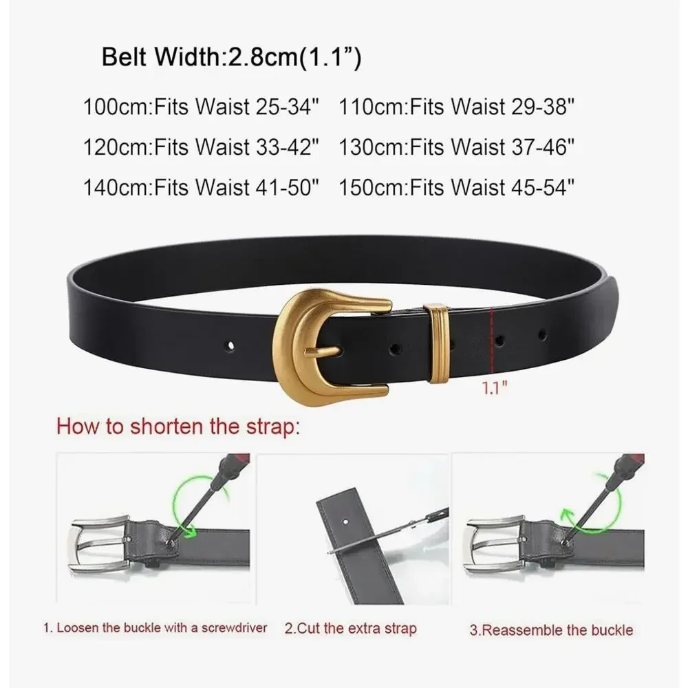 IWFTC Black Leather Belt Gold Sculpted Western Buckle Womens Size 140cm 41”-50”